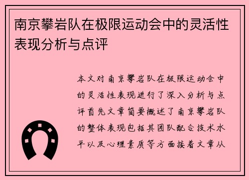 南京攀岩队在极限运动会中的灵活性表现分析与点评