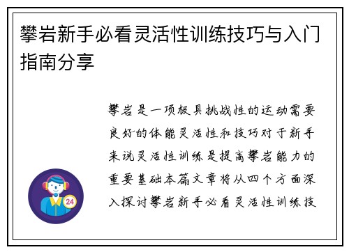 攀岩新手必看灵活性训练技巧与入门指南分享