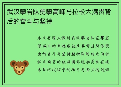 武汉攀岩队勇攀高峰马拉松大满贯背后的奋斗与坚持